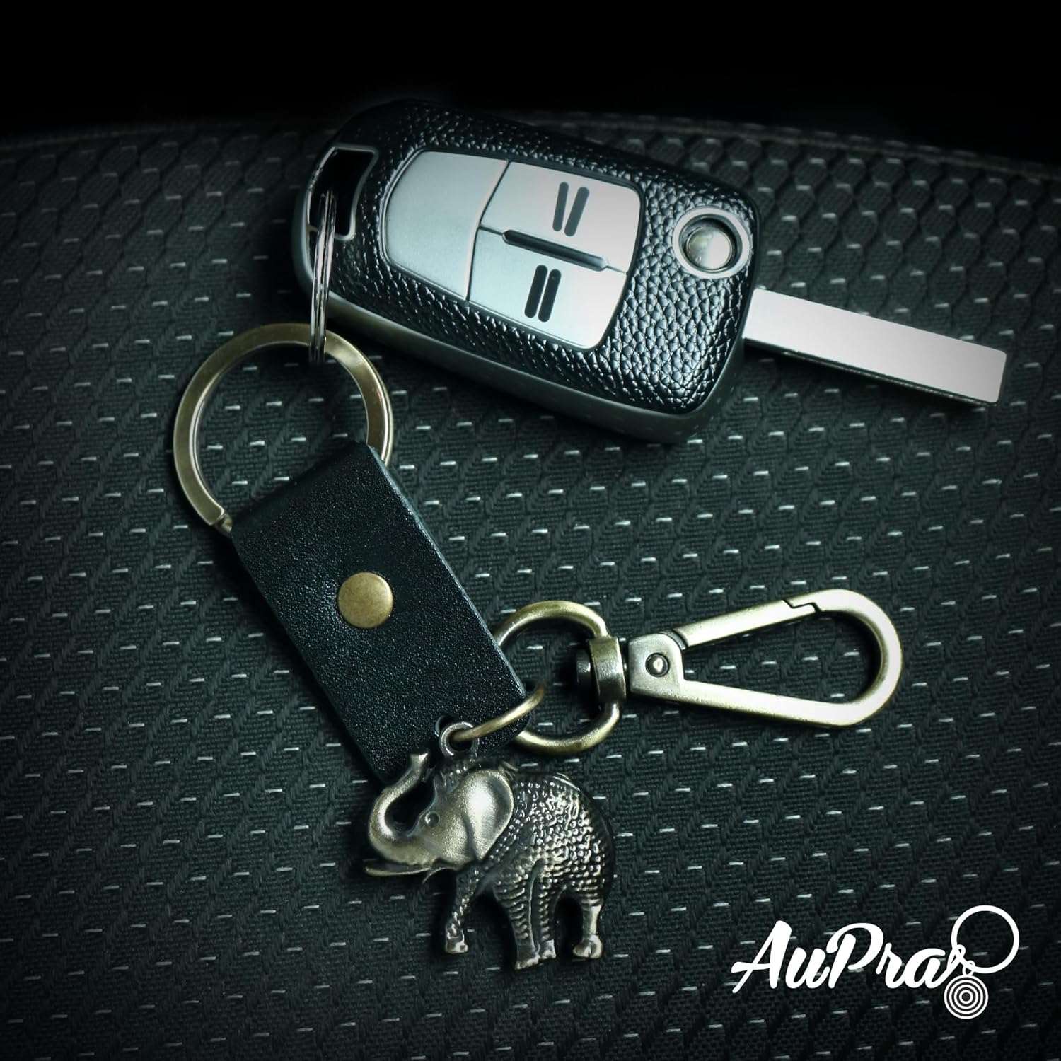 AuPra Elephant KeyChain Gift Women & Men Black Leather KeyRing Home Car Keys Holder Ladies Good Luck Present