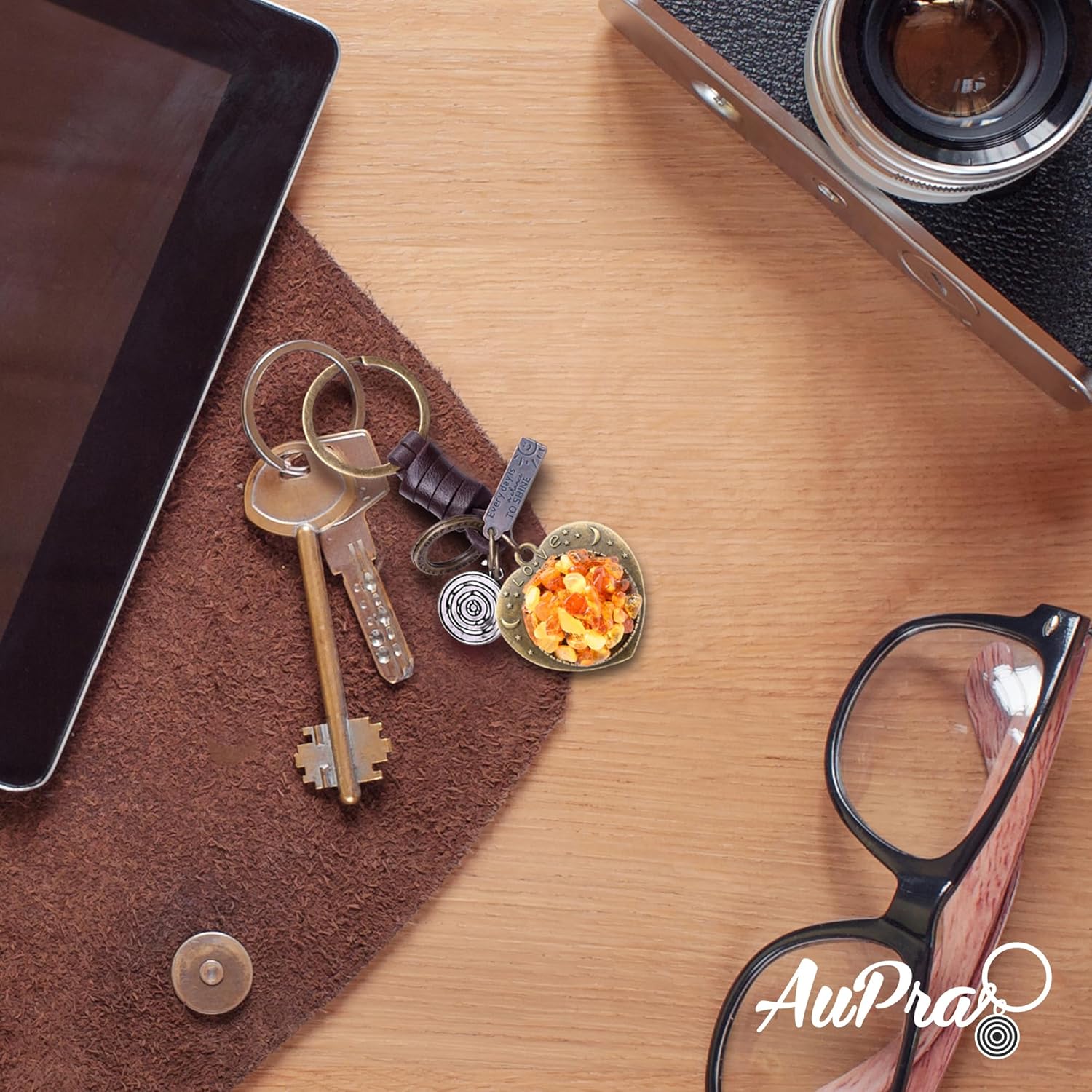 Amber Heart Keychain Charm – Handmade Vintage Leather – Valentine Love Gift Keyring-Amber-AuPra