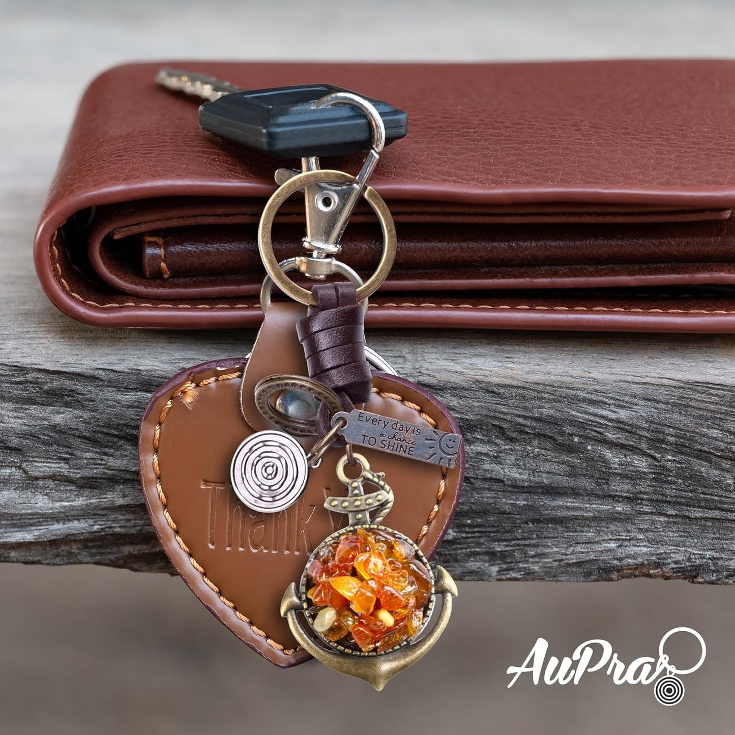 Amber Anchor Keychain Charm – Handmade Vintage Leather – Sailor Gift Keyring-AuPra