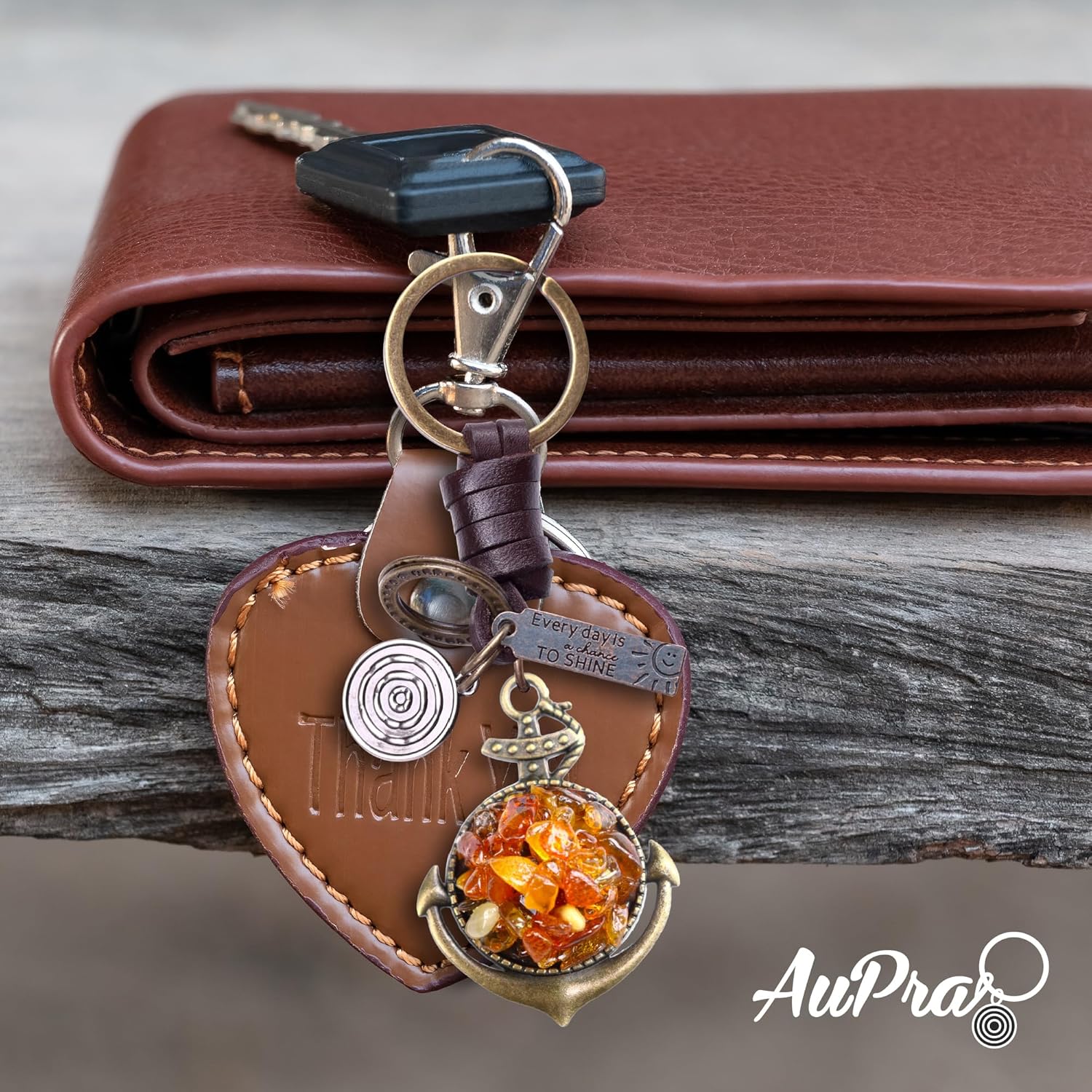 Amber Anchor Keychain Charm – Handmade Vintage Leather – Sailor Gift Keyring-AuPra