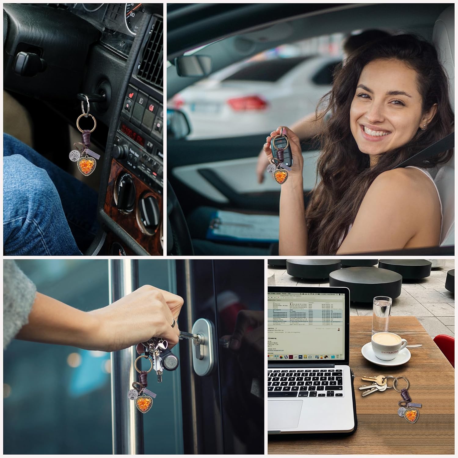 AuPra Amber Heart Keychain for Women & Men Gift Handmade Leather Love Key Chain Home Car Door Keys Vintage Charm I Love You Keyring Valentine Present