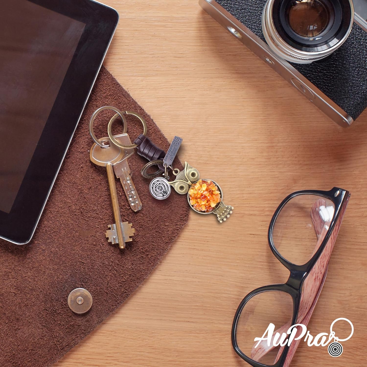 Amber Owl Keychain Charm – Handmade Vintage Leather – Bird Lover Gift Keyring-Amber-AuPra