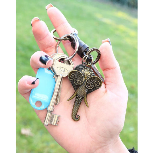 Elephant Keychain Gift – Handmade Vintage Leather – Good Luck Keyring Charm-AuPra