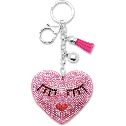Eyelashes Heart Crystal Keychain – Velvet Sparkle Tassel Charm – Clip Bag Keyring Gift for Girls-AuPra