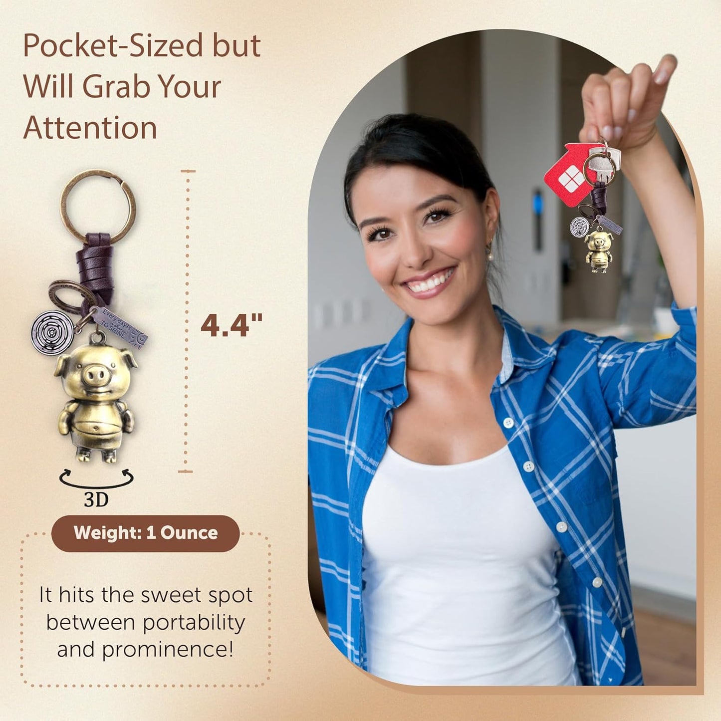 3D Pig Keychain Gift – Handmade Vintage Leather – Funny Piggy Keyring Charm-AuPra