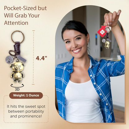 3D Pig Keychain Gift – Handmade Vintage Leather – Funny Piggy Keyring Charm-AuPra