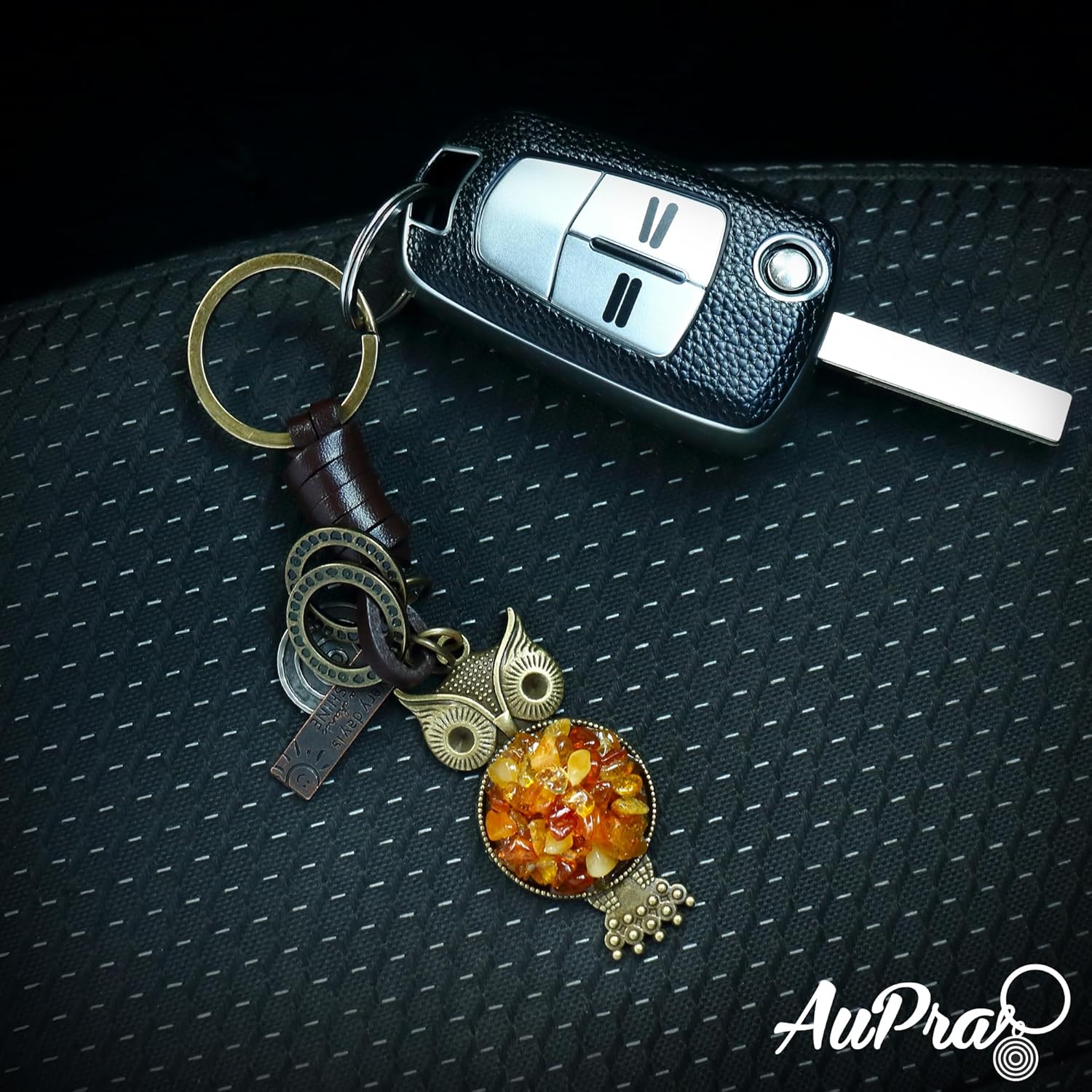 Amber Owl Keychain Charm – Handmade Vintage Leather – Bird Lover Gift Keyring-Amber-AuPra