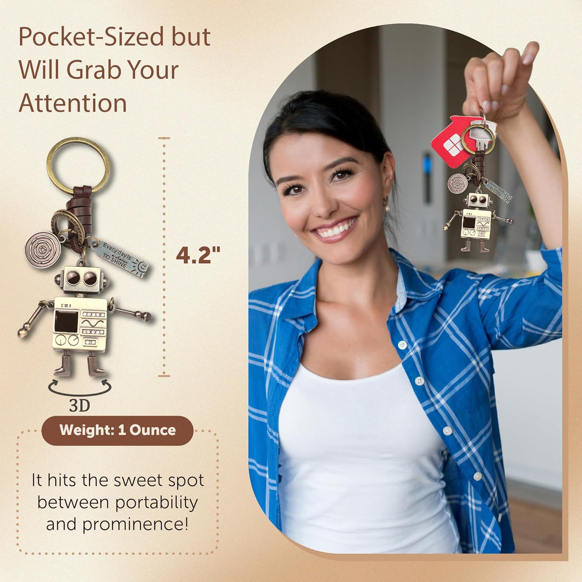 3D Robot Keychain Charm – Handmade Vintage Leather – Funny Gift Keyring-AuPra