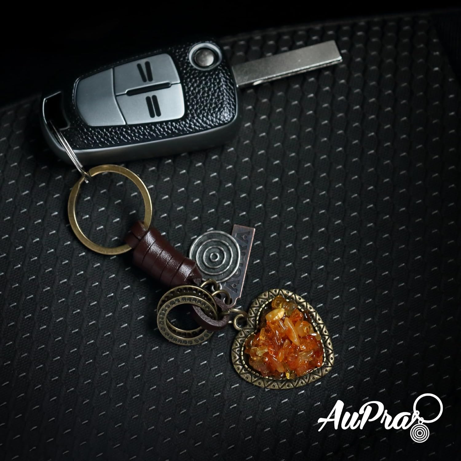 AuPra Amber Heart Keychain for Women & Men Gift Handmade Leather Love Key Chain Home Car Door Keys Vintage Charm I Love You Keyring Valentine Present