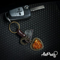 Amber Heart Keychain Charm – Handmade Vintage Leather – Valentine Love Gift Keyring-AuPra