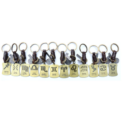 Star Sign Keychain Charm – Handmade Vintage Leather – Zodiac Sign Gift Keyring-AuPra