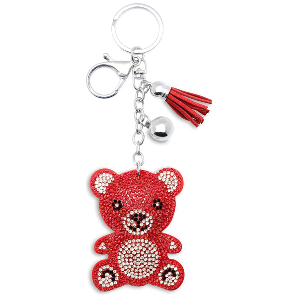Red crystal teddy bear keychain with sparkling charm and clip ring