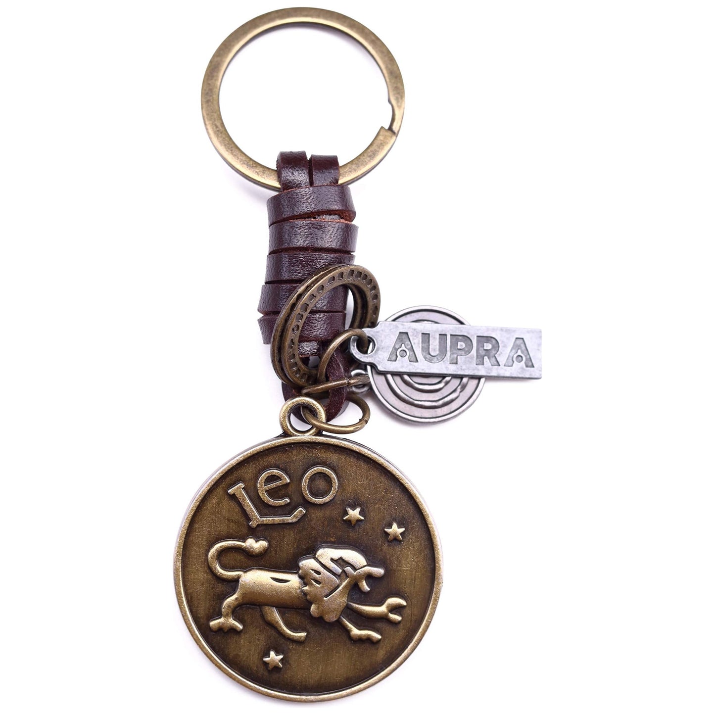 Star Sign Keychain Charm – Handmade Vintage Leather – Zodiac Sign Gift Keyring-AuPra