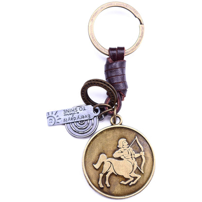 Star Sign Keychain Charm – Handmade Vintage Leather – Zodiac Sign Gift Keyring-AuPra