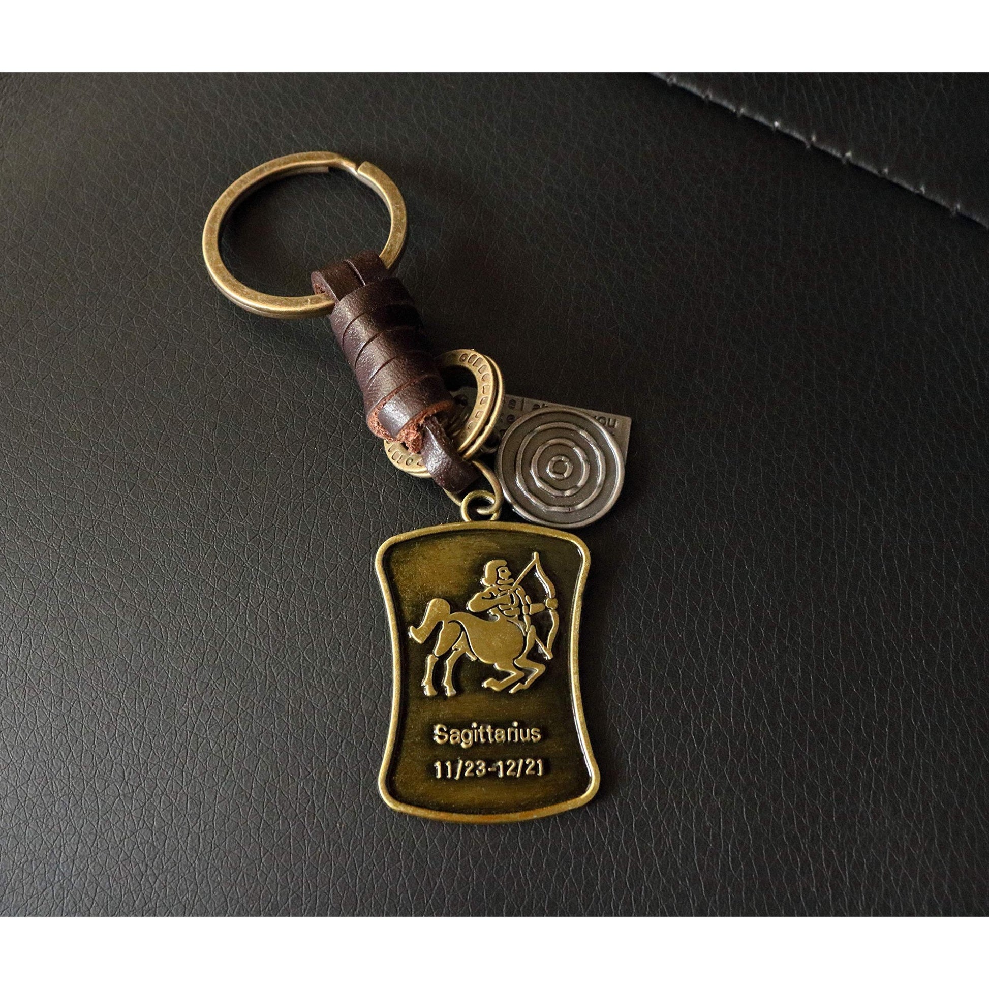 Star Sign Keychain Charm – Handmade Vintage Leather – Zodiac Sign Gift Keyring-AuPra