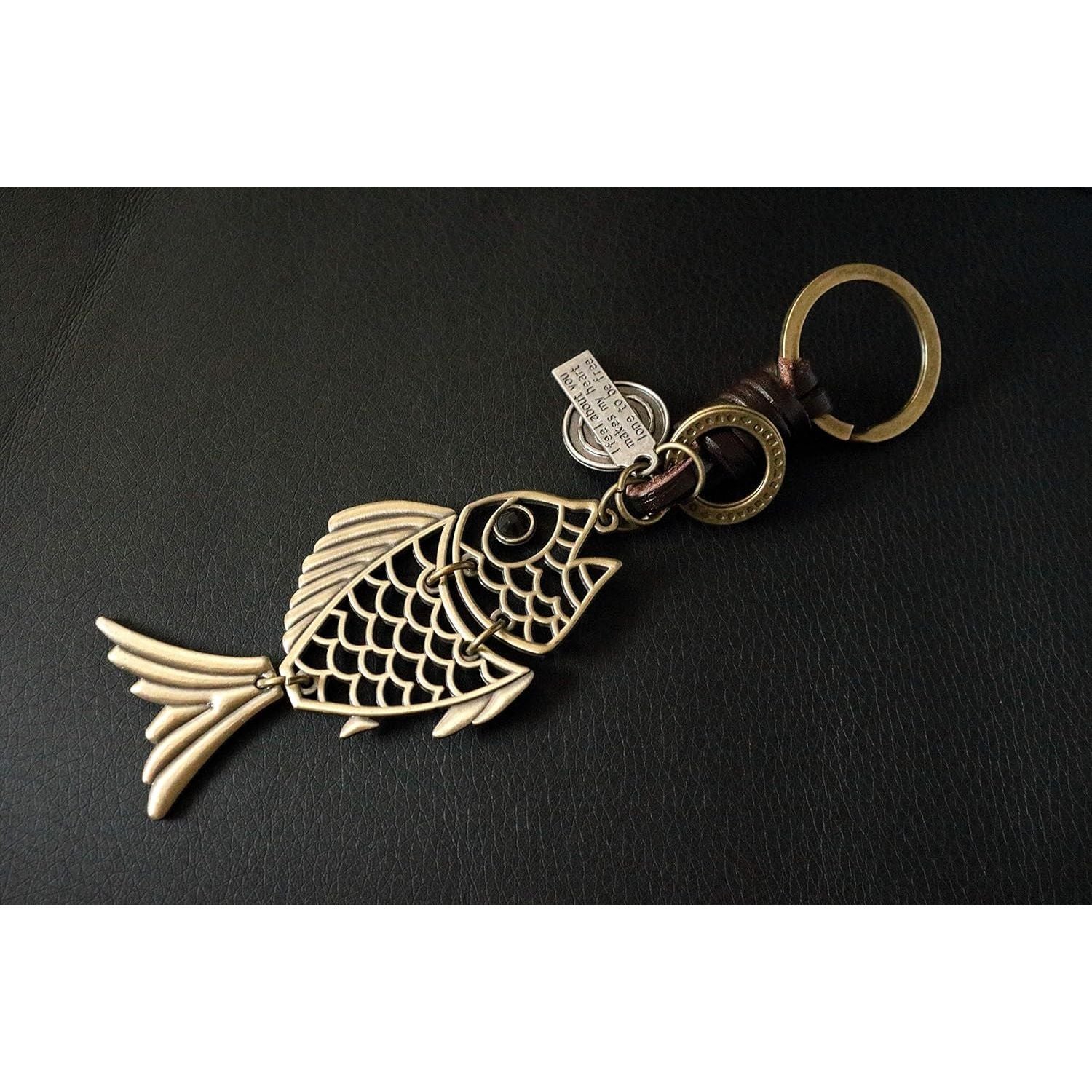 Golden Fish Keychain Charm – Handmade Vintage Leather – Good Luck Gift Keyring-AuPra