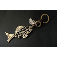 Golden Fish Keychain Charm – Handmade Vintage Leather – Good Luck Gift Keyring-AuPra