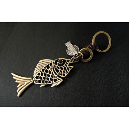 Golden Fish Keychain Charm – Handmade Vintage Leather – Good Luck Gift Keyring-AuPra