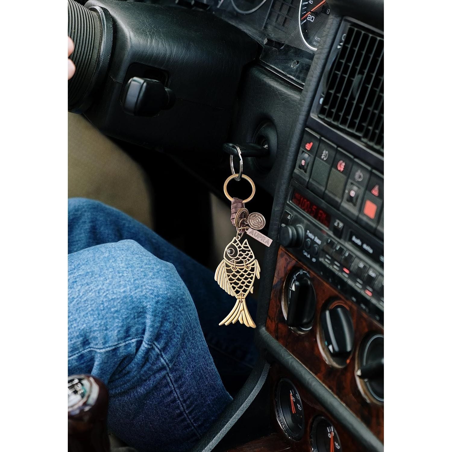 Golden Fish Keychain Charm – Handmade Vintage Leather – Good Luck Gift Keyring-AuPra