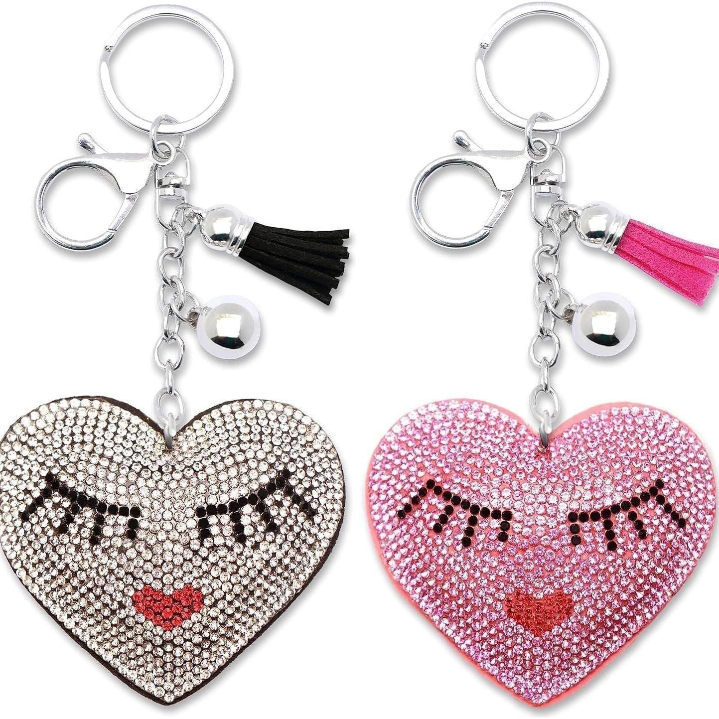 Eyelashes Heart Crystal Keychain – Velvet Sparkle Tassel Charm – Clip Bag Keyring Gift for Girls-AuPra