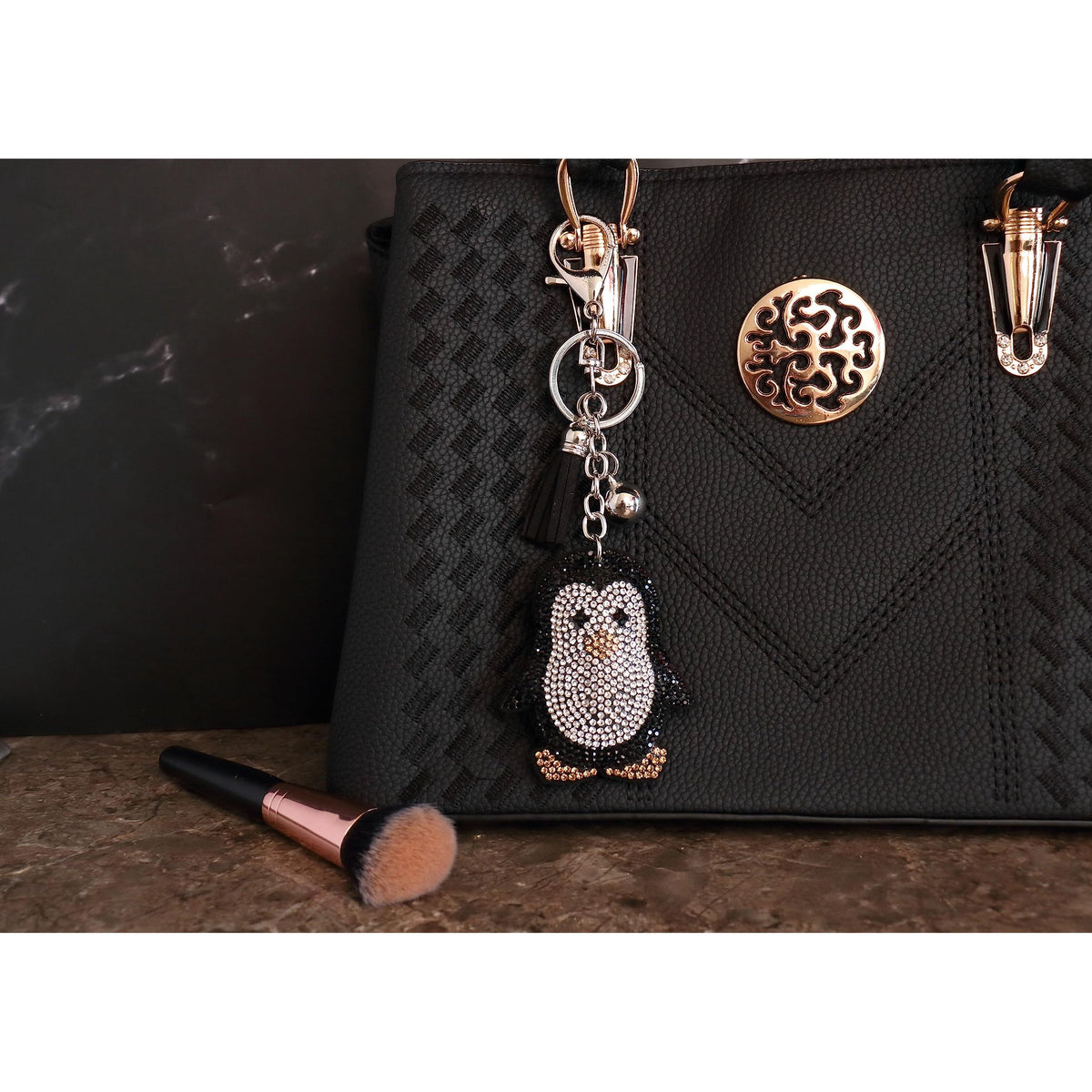 Penguin Crystal Keychain – Velvet Sparkle Tassel Charm – Clip Bag Keyring Gift for Girls-AuPra