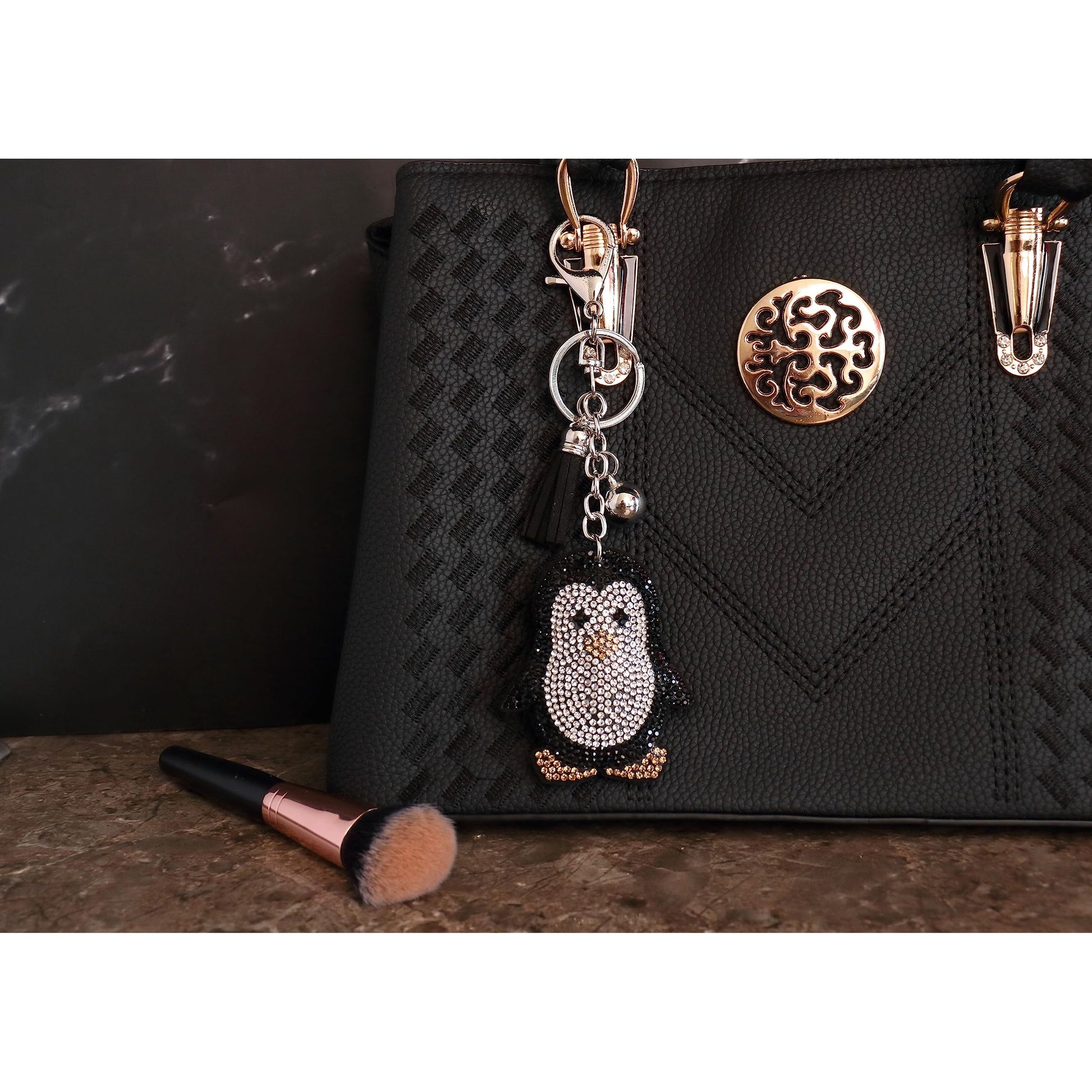 Penguin Crystal Keychain – Velvet Sparkle Tassel Charm – Clip Bag Keyring Gift for Girls-AuPra