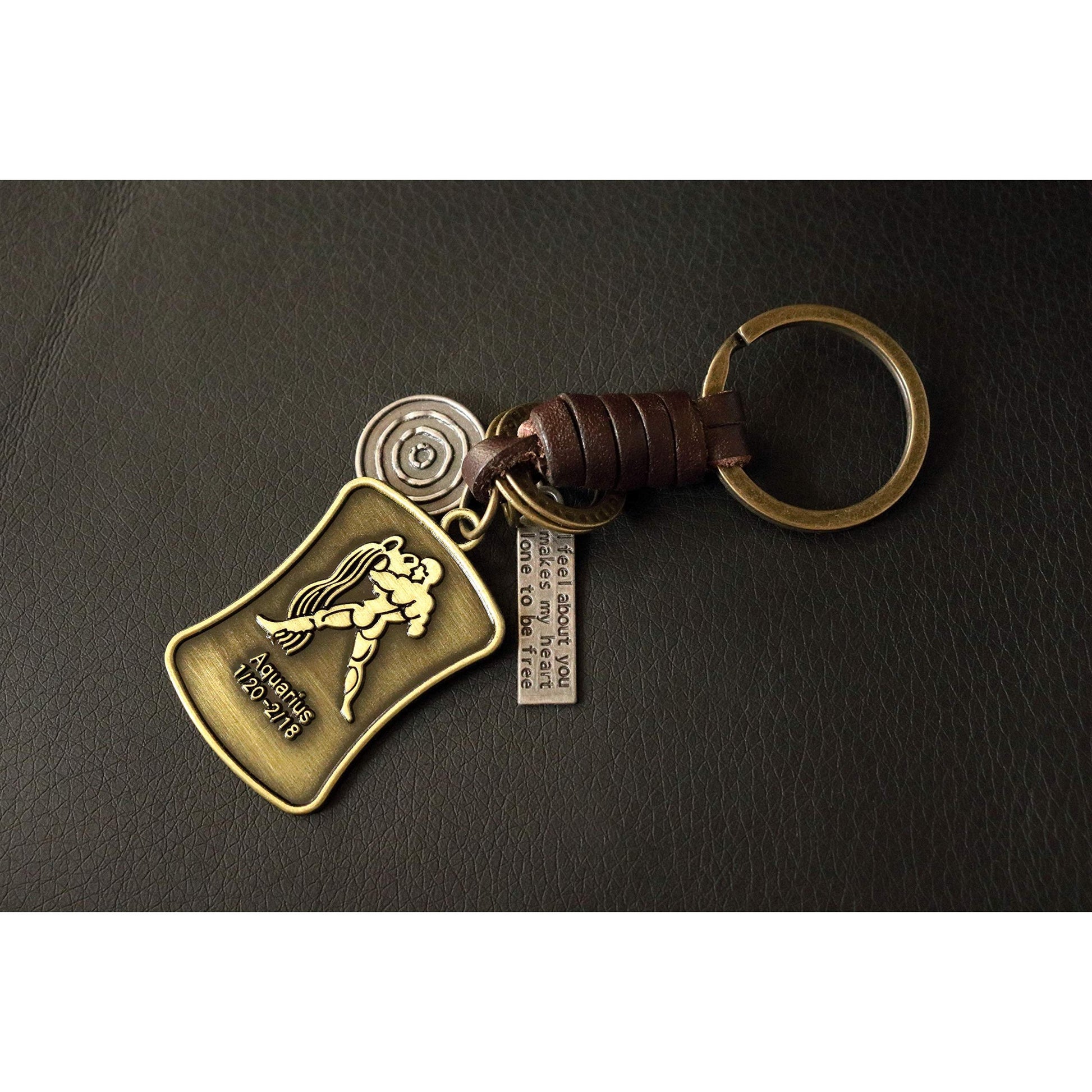 Star Sign Keychain Charm – Handmade Vintage Leather – Zodiac Sign Gift Keyring-AuPra