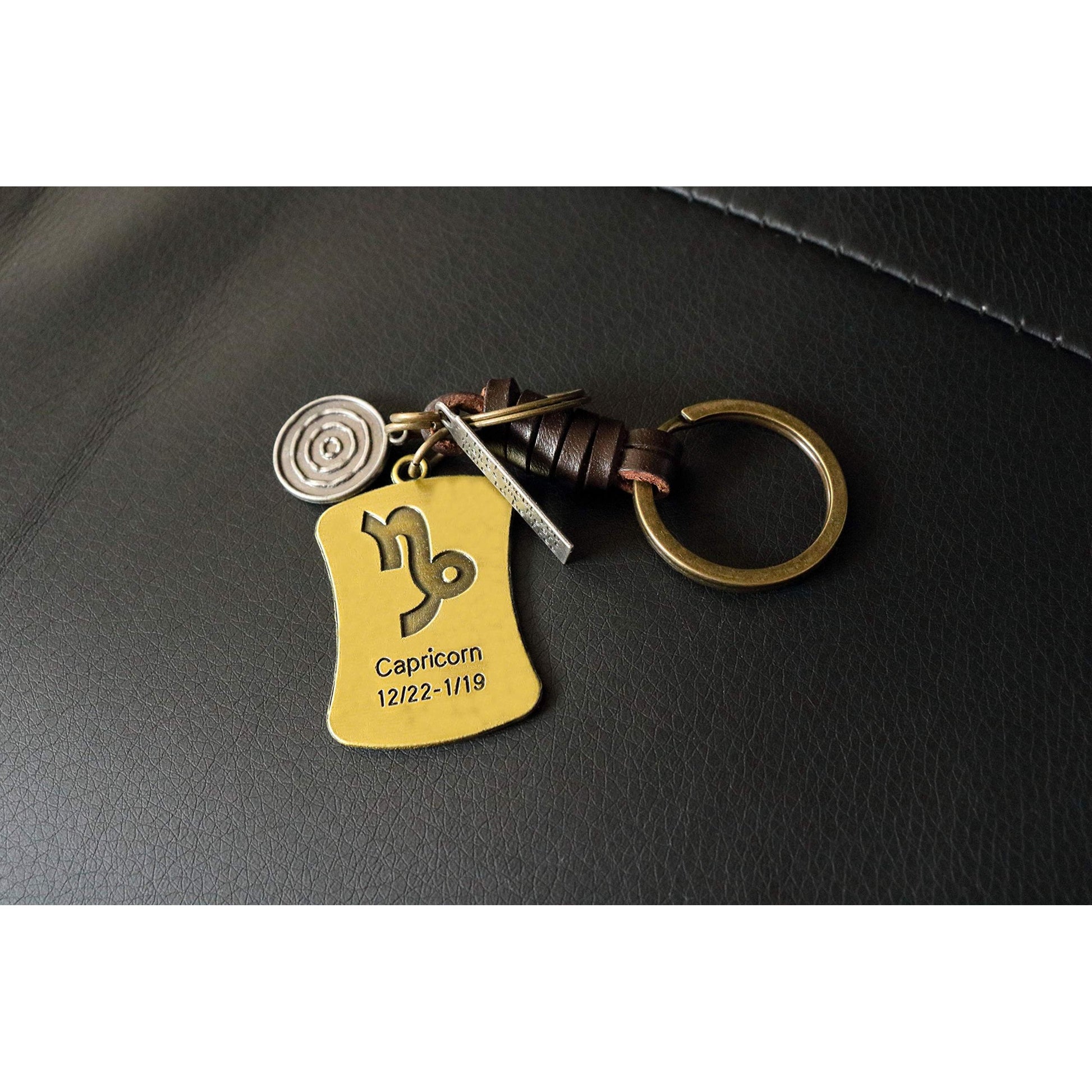 Star Sign Keychain Charm – Handmade Vintage Leather – Zodiac Sign Gift Keyring-AuPra