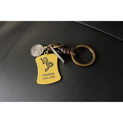 Star Sign Keychain Charm – Handmade Vintage Leather – Zodiac Sign Gift Keyring-AuPra