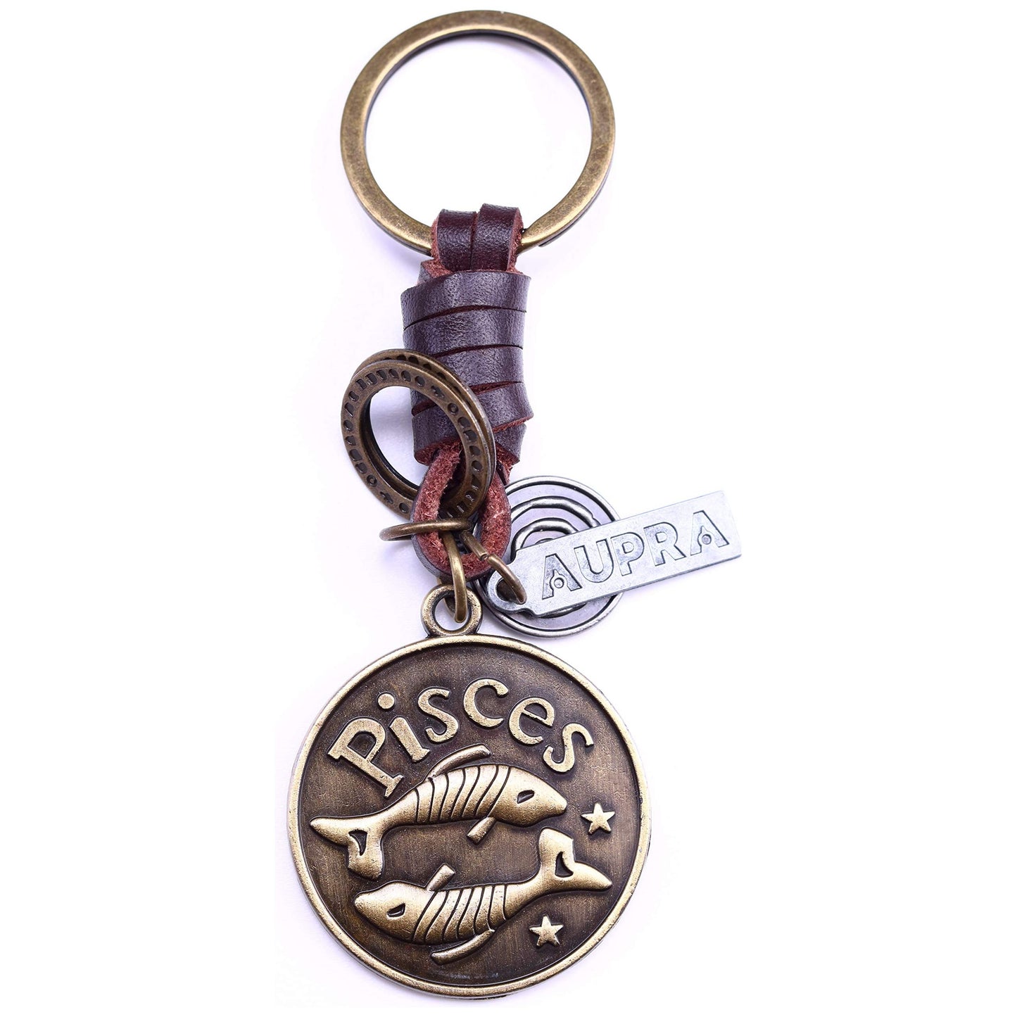 Star Sign Keychain Charm – Handmade Vintage Leather – Zodiac Sign Gift Keyring-AuPra