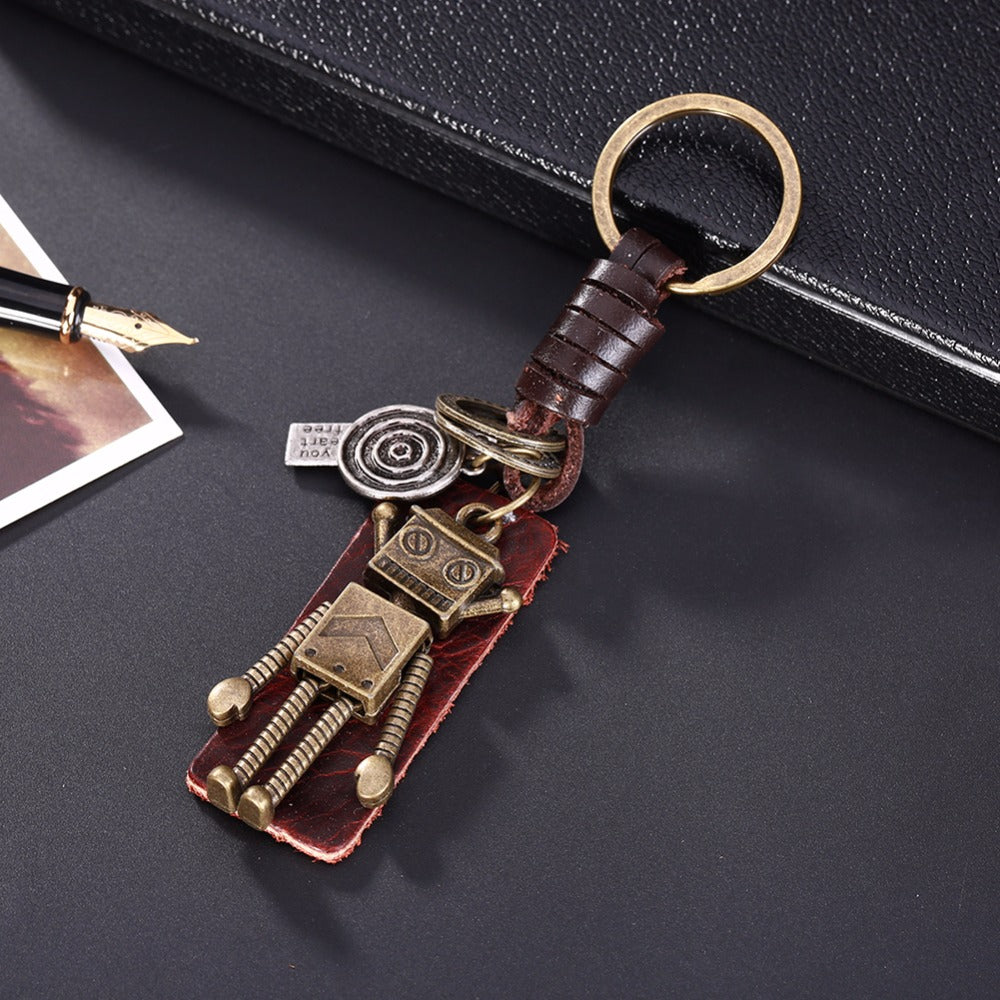 3D Robot Keychain  – Handmade Vintage Leather – Funny Gift Keyring Charm