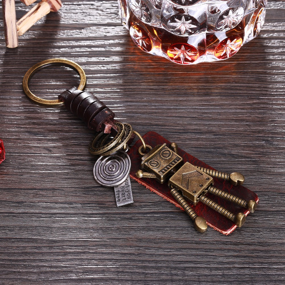 3D Robot Keychain  – Handmade Vintage Leather – Funny Gift Keyring Charm