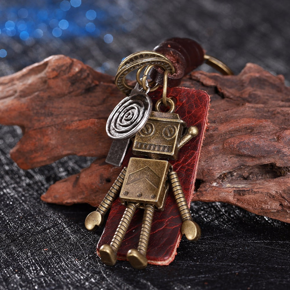 3D Robot Keychain – Handmade Vintage Leather – Funny Gift Keyring Charm-AuPra