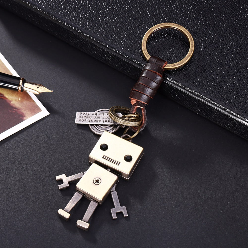 3D Robot Keychain Charm – Handmade Vintage Leather – Funny Gift Keyring