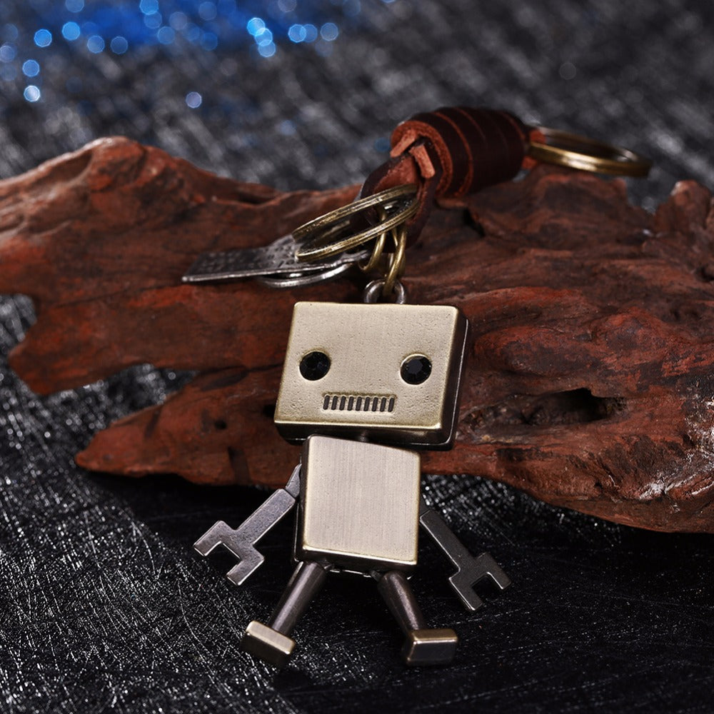 3D Robot Keychain Charm – Handmade Vintage Leather – Funny Gift Keyring