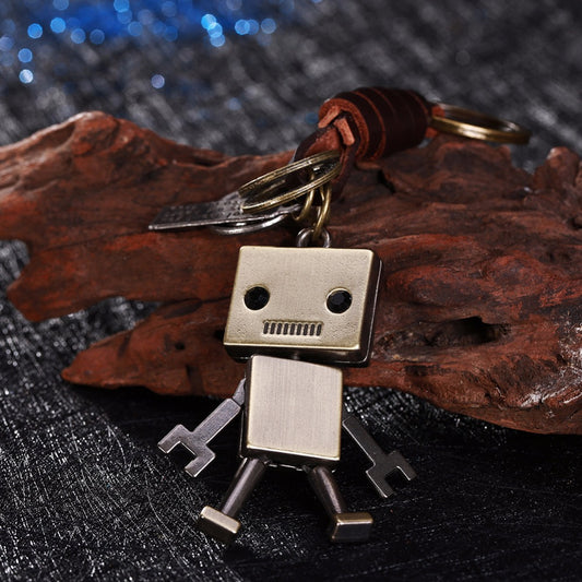 3D Robot Keychain Charm – Handmade Vintage Leather – Funny Gift Keyring
