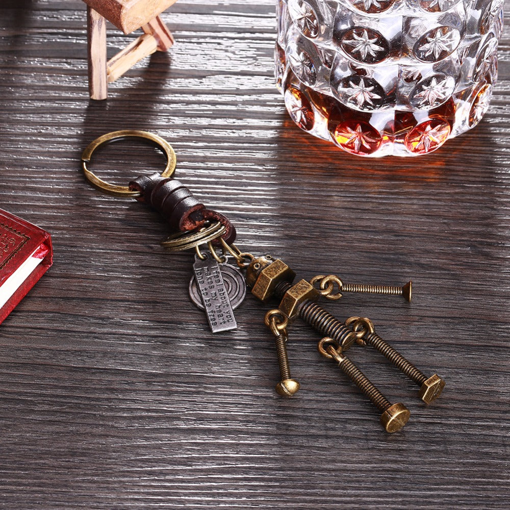 3D Screw Bolt Robot Keychain – Handmade Vintage Leather – Funny Gift Keyring Charm