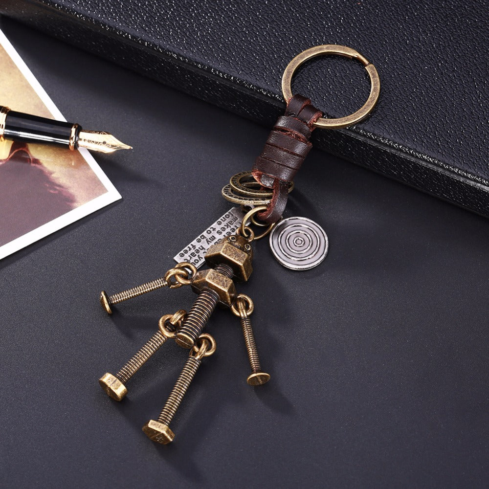 3D Screw Bolt Robot Keychain – Handmade Vintage Leather – Funny Gift Keyring Charm-AuPra