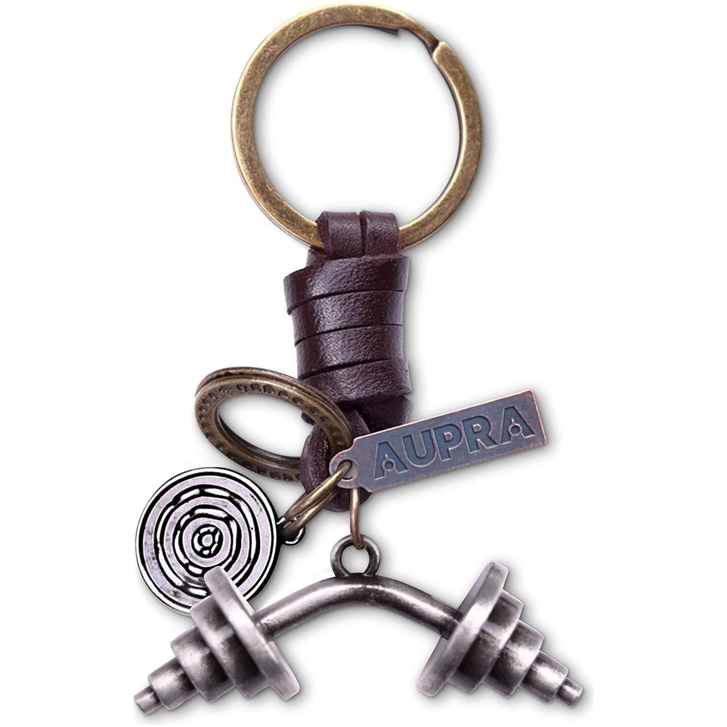 Dumbbell Keychain Charm – Handmade Vintage Leather – Fitness Gift Keyring for Gym Lovers-AuPra