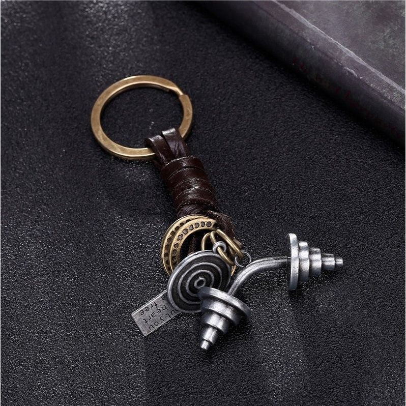 Dumbbell Keychain Charm – Handmade Vintage Leather – Fitness Gift Keyring for Gym Lovers-AuPra