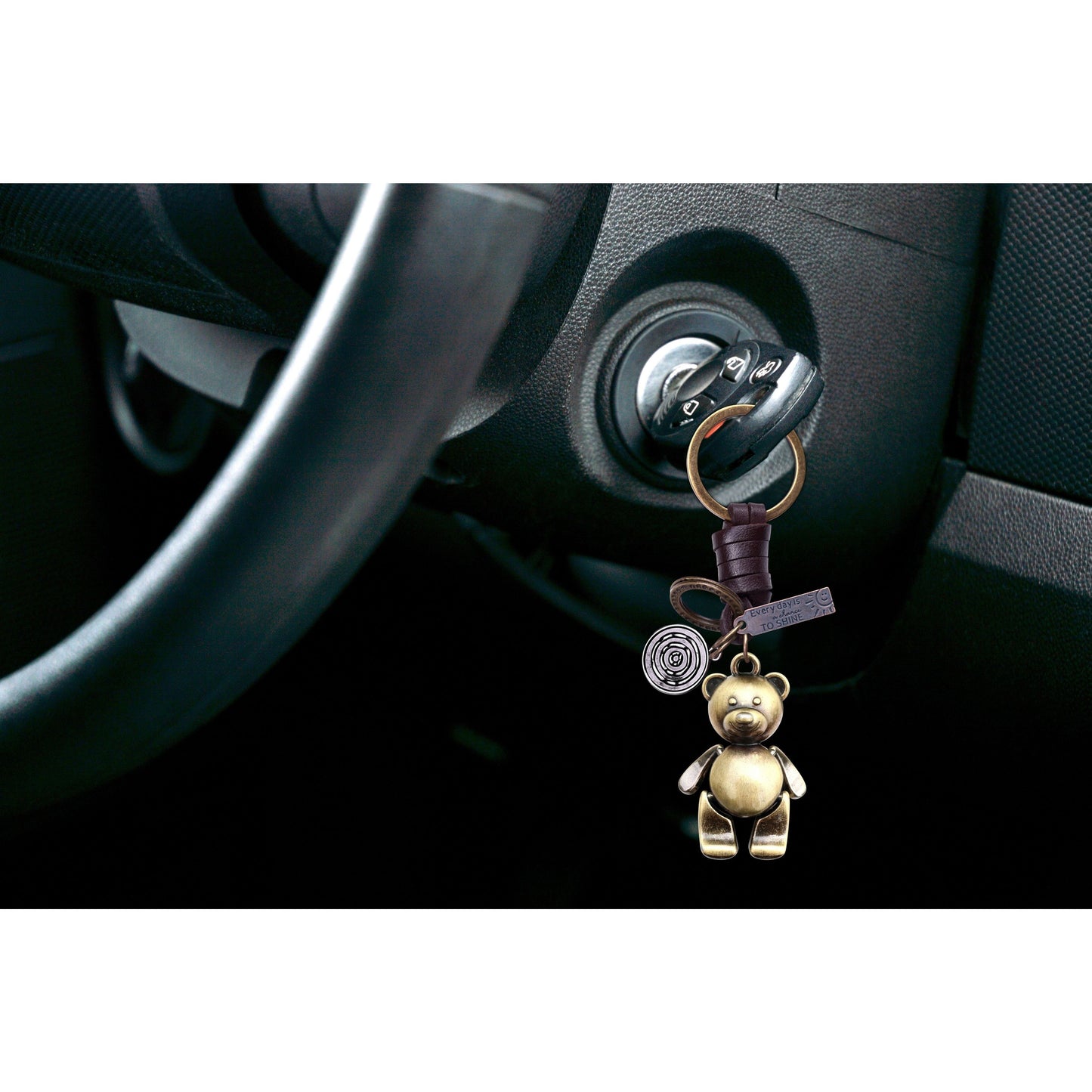 3D Teddy Bear Keychain Gift – Handmade Vintage Leather – Cute Keyring Charm-AuPra