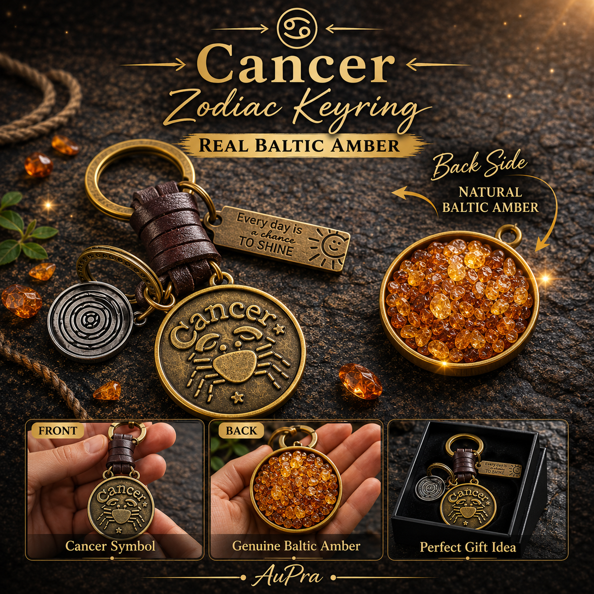 AuPra Cancer Keyring – Amber Star Sign Gift
