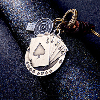 Poker Cards Keychain Charm – Handmade Vintage Leather – Lucky Casino Gift Keyring