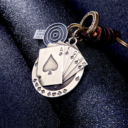 Poker Cards Keychain Charm – Handmade Vintage Leather – Lucky Casino Gift Keyring