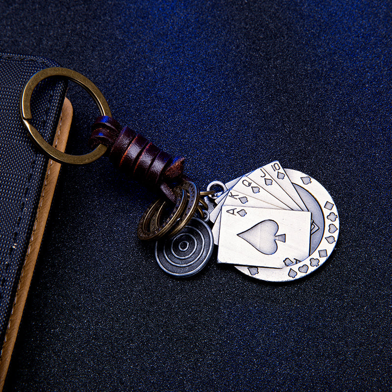 Poker Cards Keychain Charm – Handmade Vintage Leather – Lucky Casino Gift Keyring-AuPra