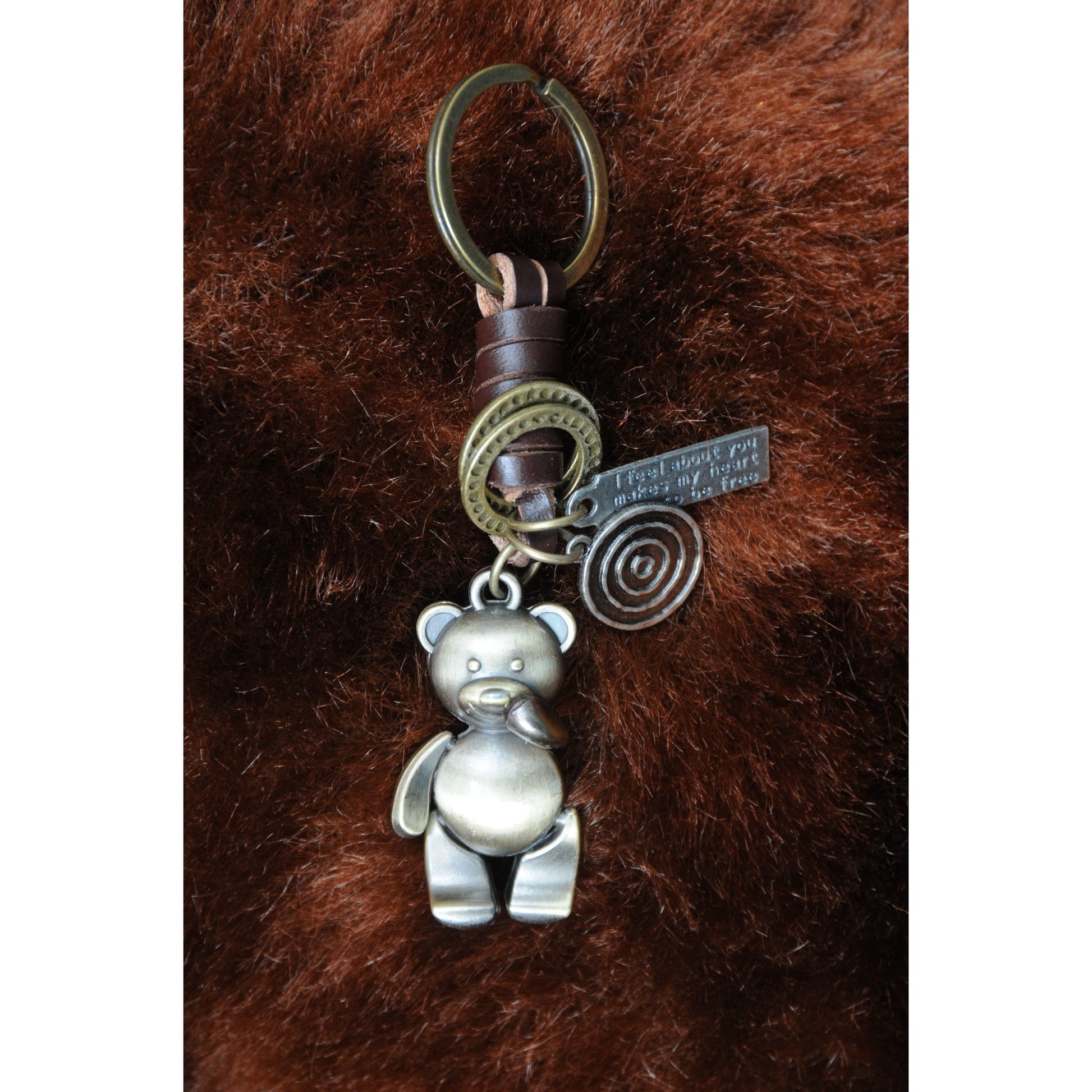 3D Teddy Bear Keychain Gift – Handmade Vintage Leather – Cute Keyring Charm-AuPra