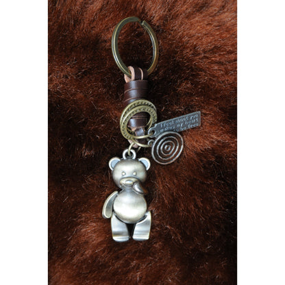 3D Teddy Bear Keychain Gift – Handmade Vintage Leather – Cute Keyring Charm-AuPra