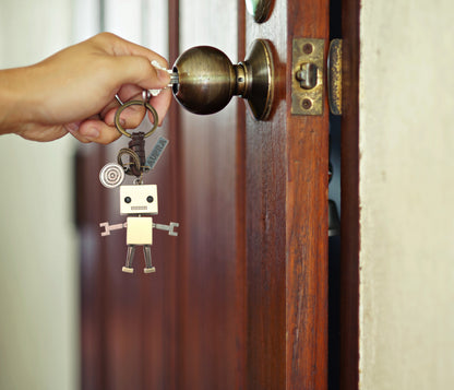 3D Robot Keychain Charm – Handmade Vintage Leather – Funny Gift Keyring