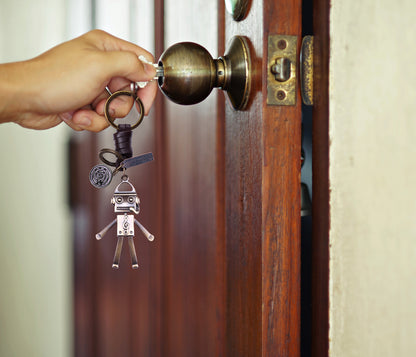 Singer Robot Keychain Gif– Handmade Vintage Leather – 3D Funny Keyring Charm