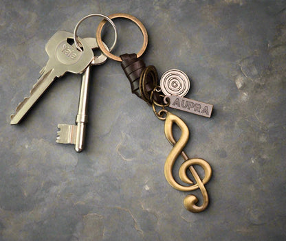 Treble Clef Keychain Charm – Handmade Vintage Leather – Music Note Gift Keyring